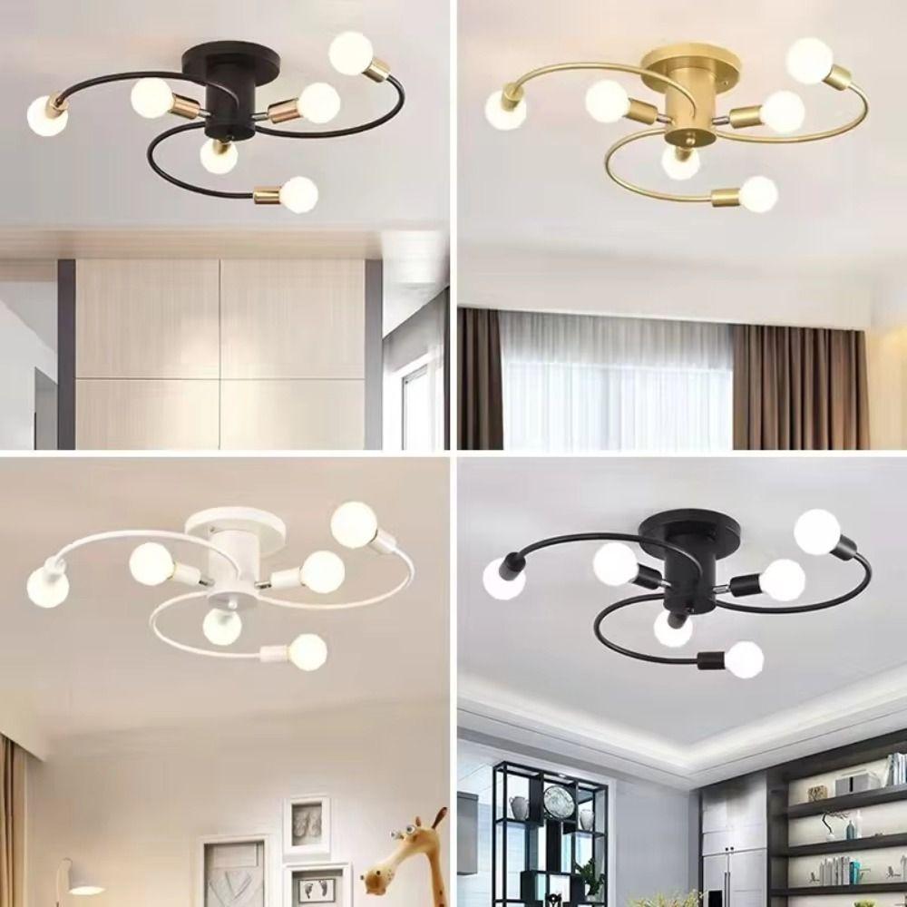 Black White Gold Ceiling Light Six Heads Iron Material Nordic Ceiling Light E27 Bulb Base Soft Chandelier Dining Room