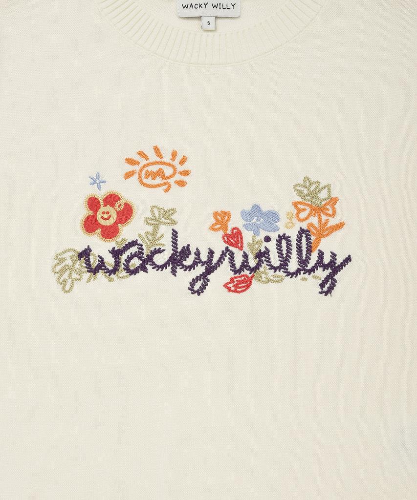 WACKY WILLY Women'S Embroidered Graphic Short Sleeve Knit Cream