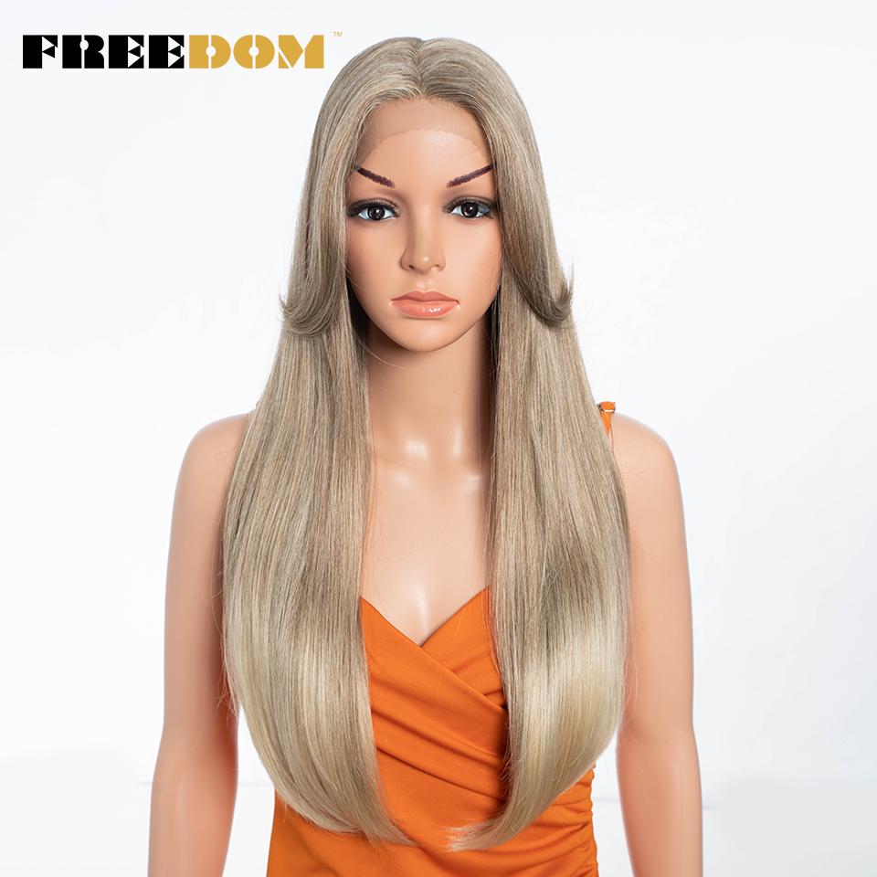 

FREEDOM Straight Synthetic Lace Front Wigs For Women Wig With Bangs 24 inches Ombre Brown Blonde Lace Wigs Cosplay Wig (as the picture,24inches)