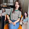 Ice Silk Short-Sleeve Knit Striped T-Shirt for Women, Plus Size Korean Style Summer Chic Top
