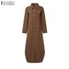 ZANZEA Women Casual Turn Down Collar Long Sleeve Vintage Long Shirt Dress