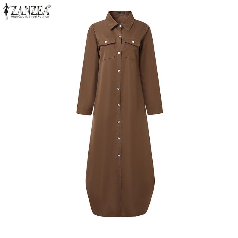 ZANZEA Women Casual Turn Down Collar Long Sleeve Vintage Long Shirt Dress