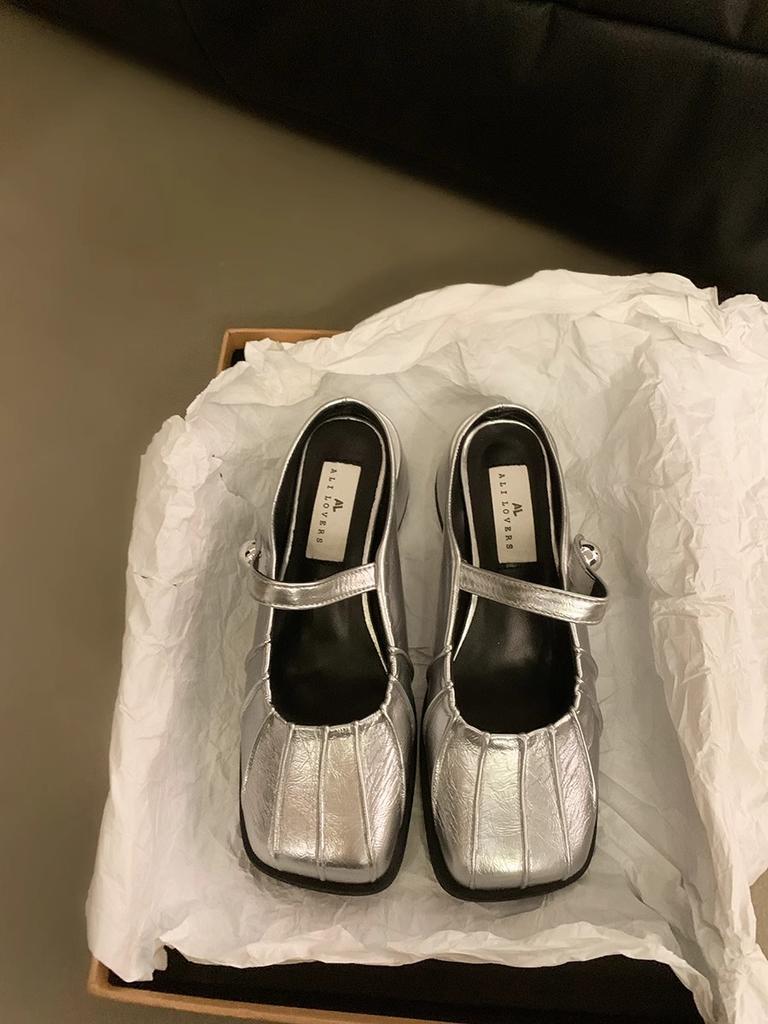 French National Style Chinese Silver Bag Head Half Slippers Women's Summer Wear 2025 New Lazy One-pedal Thick-heeled Single Shoes