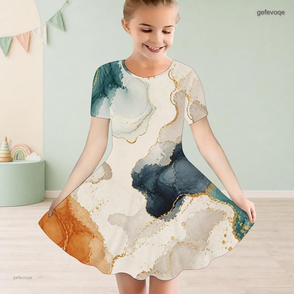 Girls Round Neck Short Sleeve Abstract Marble Printed A Line Flared Dress