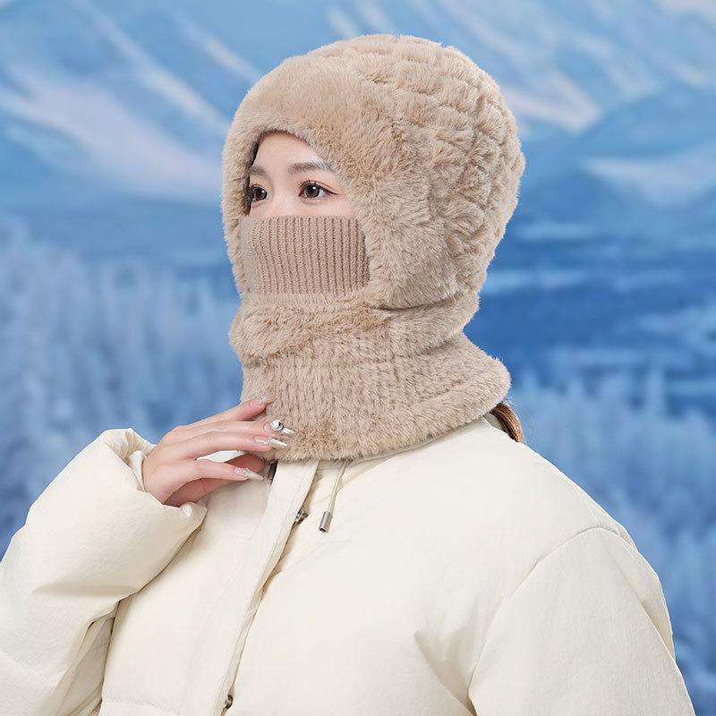 Fashion Plaid Plush Warm Scarf One-piece Hat Women's Winter Outdoor Cycling Windproof Neck Cover Plush Cap