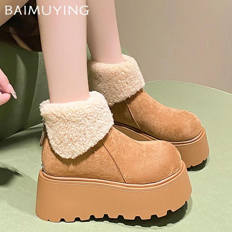 Kozačky dámské na platformě kožešinové kotníkové semišové krátké plyšové střední podpatky bavlněné boty 2025 trend teplé ležérní zimní nové boty pro ženy