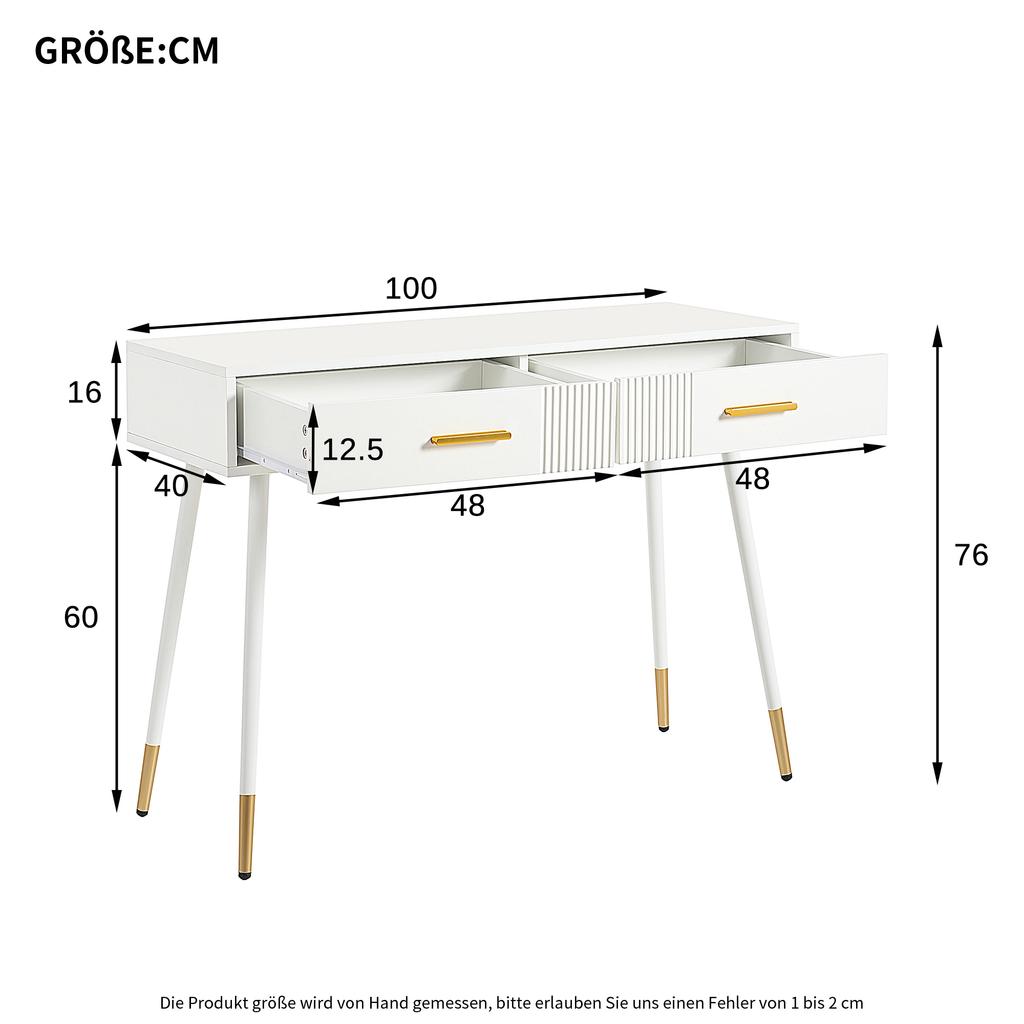 Makeup Table, Dressing Table, Desk with 2 Drawers, Metal Legs, White, Dimensions: H 76 cm × W 100 cm × D 40 cm (without mirror)