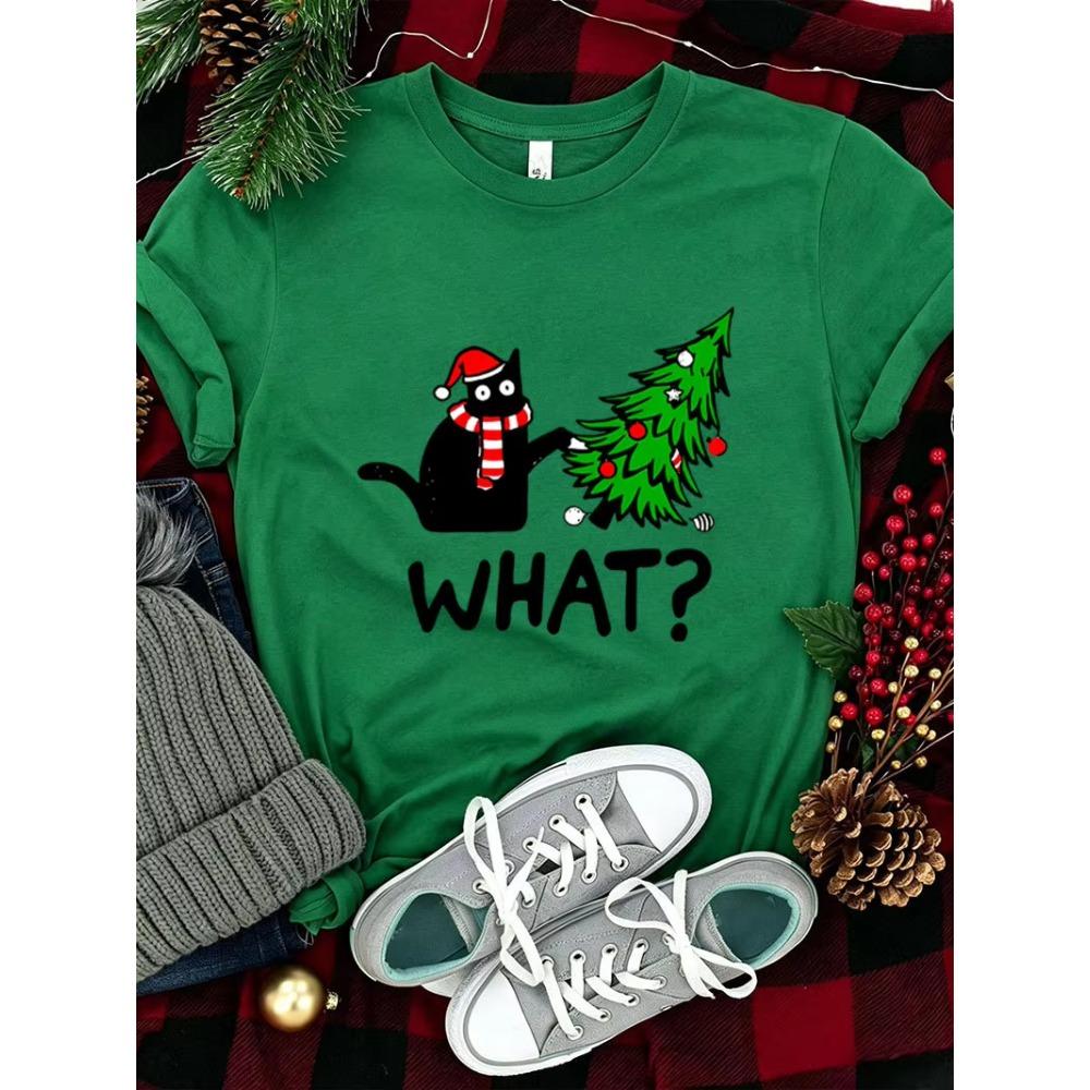 Christmas Cartoon Cat Xmas Tree Print Graphic Print T-shirt Women Fashionable Comfortable Breathable Soft Casual Sports Short Sleeve Cotton T-shirt