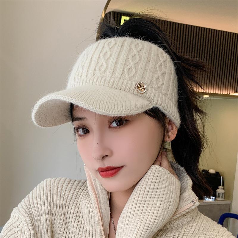 Women's Autumn and Winter Empty Top Hat Versatile Knitted Rabbit Wool Hat Fleece Thickened Thermal Ear Protection Duck Tongue Baseball Cap