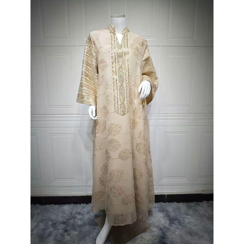

New Arrival Middle East Embroidered Sequins Robe Plus Size Women s Clothing Dress Embroidered Sequin Dress Apricot M
