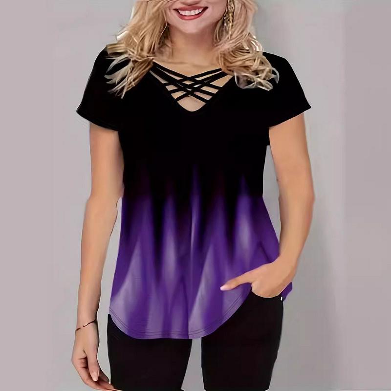 

Summer New Foreign Trade Gradient Printing Fashion Casual Short Sleeve V-neck Loose Plus Size Women s T-shirt 5XL фіолетовий