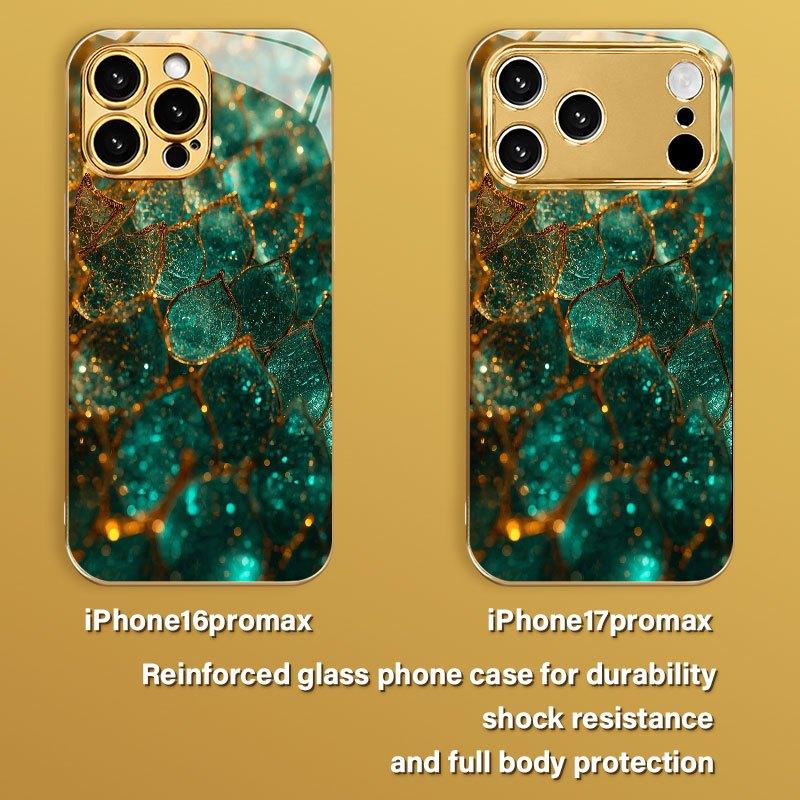 Zelený křišťál pozlacený vzor listu galvanicky pokovené tvrzené sklo kryt na telefon vhodný pro iPhone 17 16 15 14 13 12 11