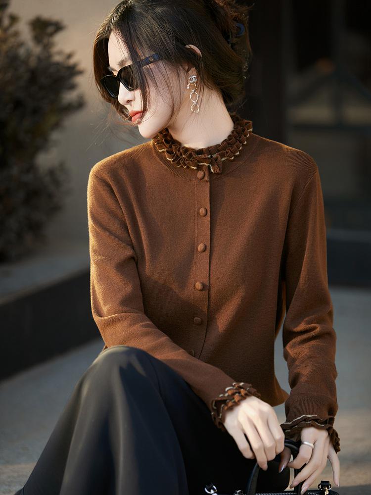 French Wool Knit Cardigan with Faux Two-Piece Design - Women's Autumn/Winter Outerwear Sweater