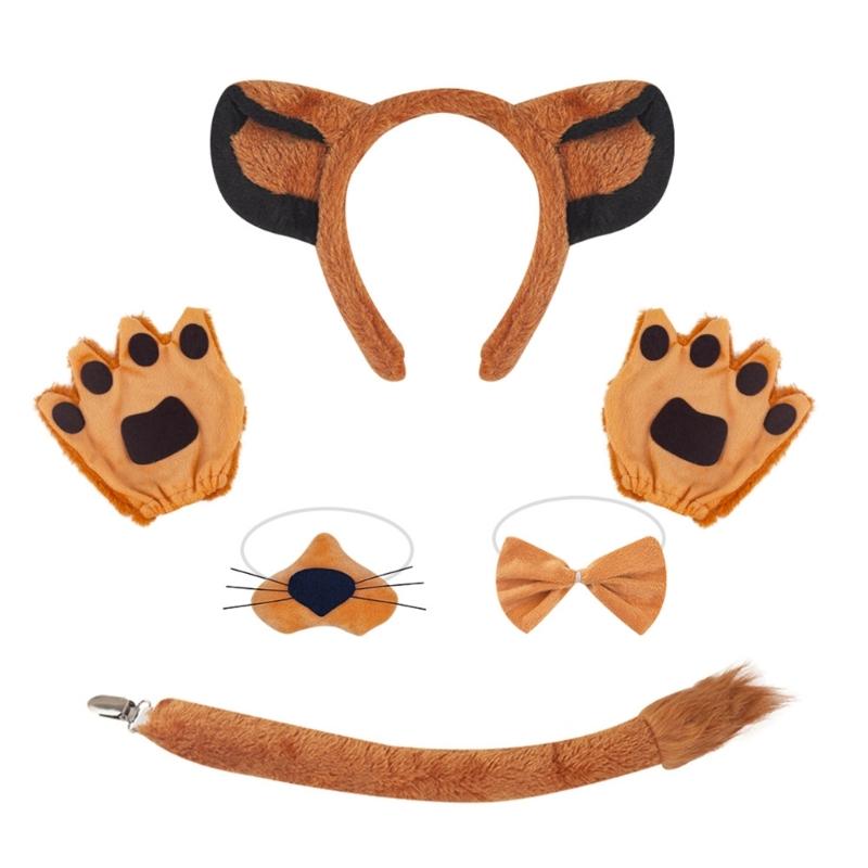 Kid Lion Tail with Lion Ear Headband Nose Gloves Skirt Bowtie Halloween Animal Costume Accessories for Boy Girl Cosplay