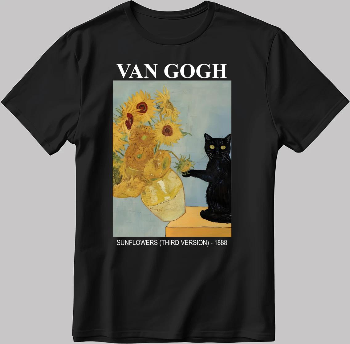 Van Gogh Black Cat With Sunflowers White-Black Men / Women T-Shirt AB357 3XL