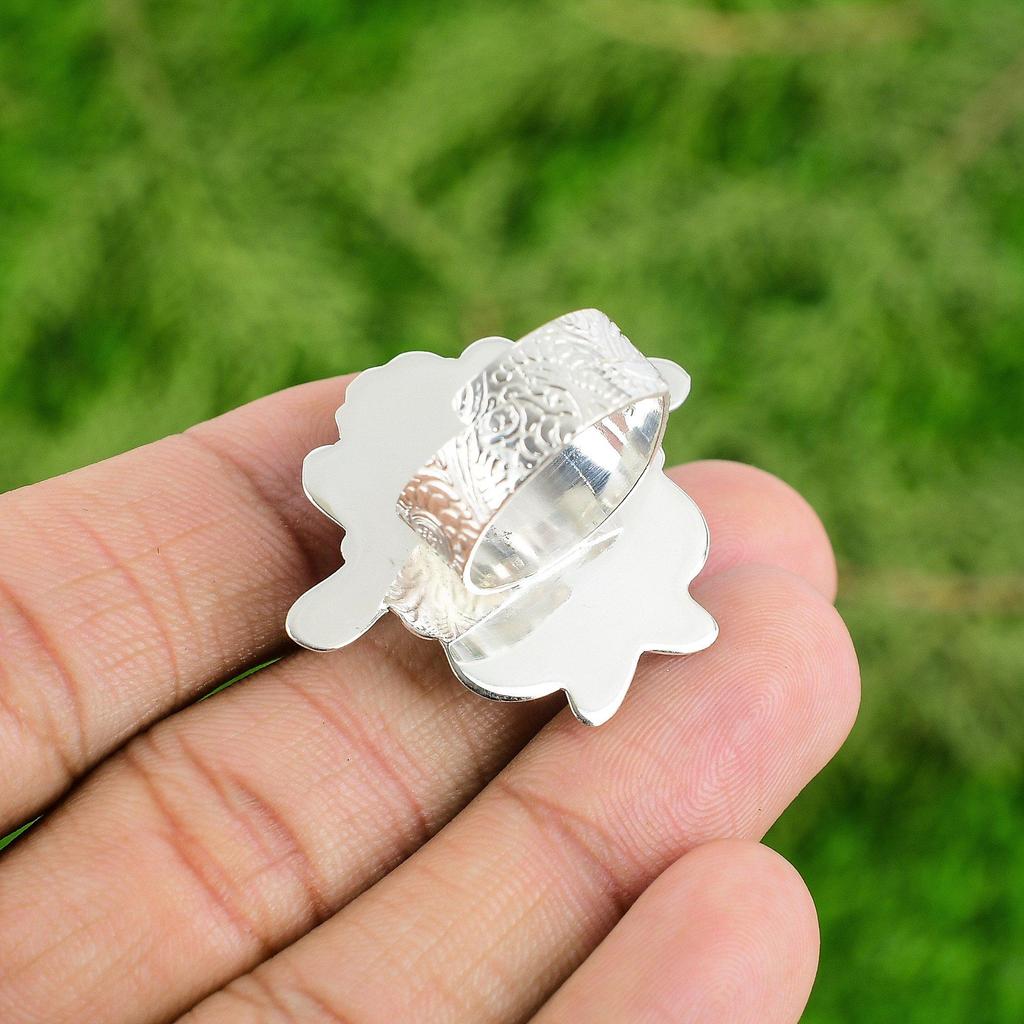 Round Rhodonite Gemstone 925 Silver Bezel Statement Flower Birthday Ring Jewelry