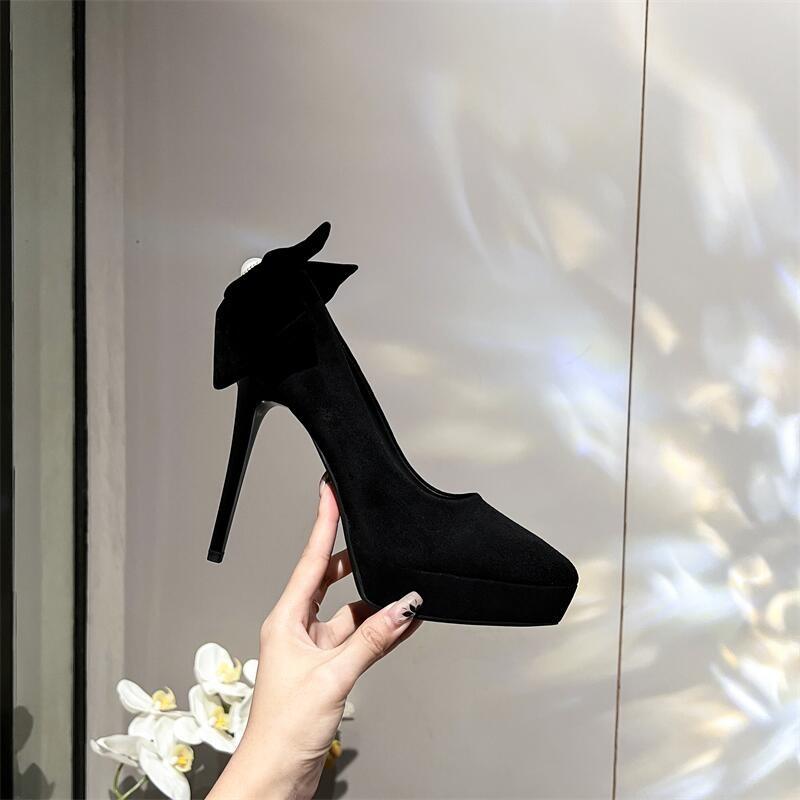

2025 новая осенне-зимняя черная водонепроницаемая обувь на супервысоком каблуке с острым носком, на тонком каблуке, с бантом и жемчугом, одинарная обувь 11 см 34