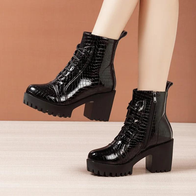 8cm Small Size 32-43 British Thick Bottom Platform Shoes Fall Winter 2025 Block High Heels Leather Short Ankle Boots for Women