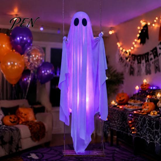 Halloween Partyartikel für Erwachsene Hängende Geisterschaukel Dekoration mit Fernbedienung & LED-Lichterkette, Wasserdichte Gruselige Beleuchtete Veranda Dekoration