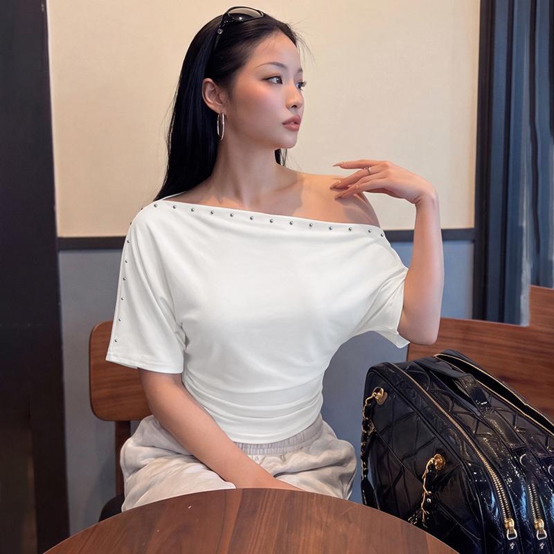 French Spicy Girl Willow-nail-style Cross-shoulder Short-sleeve T-shirt for Women, Summer Fashion Slimming Cropped Top for Women