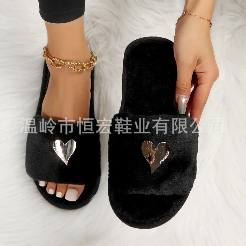 Women's Heart Shaped Flat Faux Rabbit Fur Slippers, Casual Indoor Home Footwear, Plus Size Warm Comfortable Slip On House Shoes