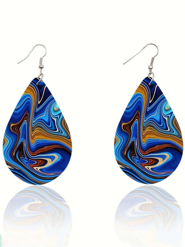1pair Double-sided Printed Wooden Droplet Shaped Ear Drop Earrings, Suitable For Women's Daily Wear