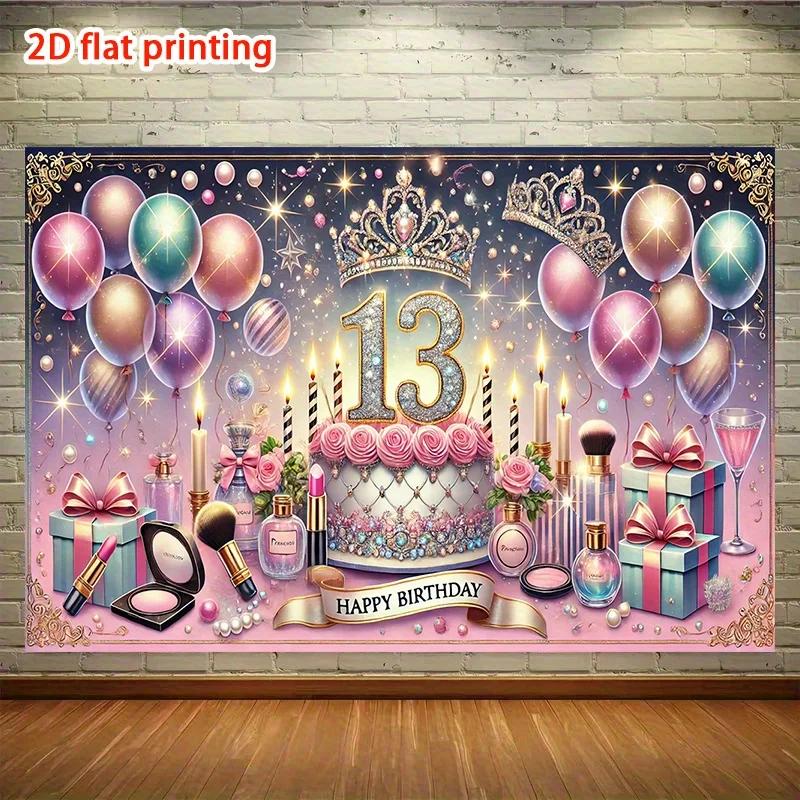 2D Flat Design, a Birthday Celebration for a 13-year-old Girl. One Party Banner, 244cm X 183cm, Suitable for families.DJH