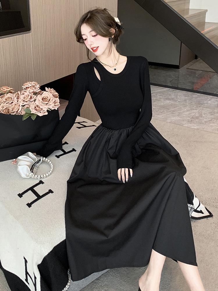 Black hollow knitted long-sleeved dress women s autumn feeling Hepburn style small black dress temperament waist long skirt S