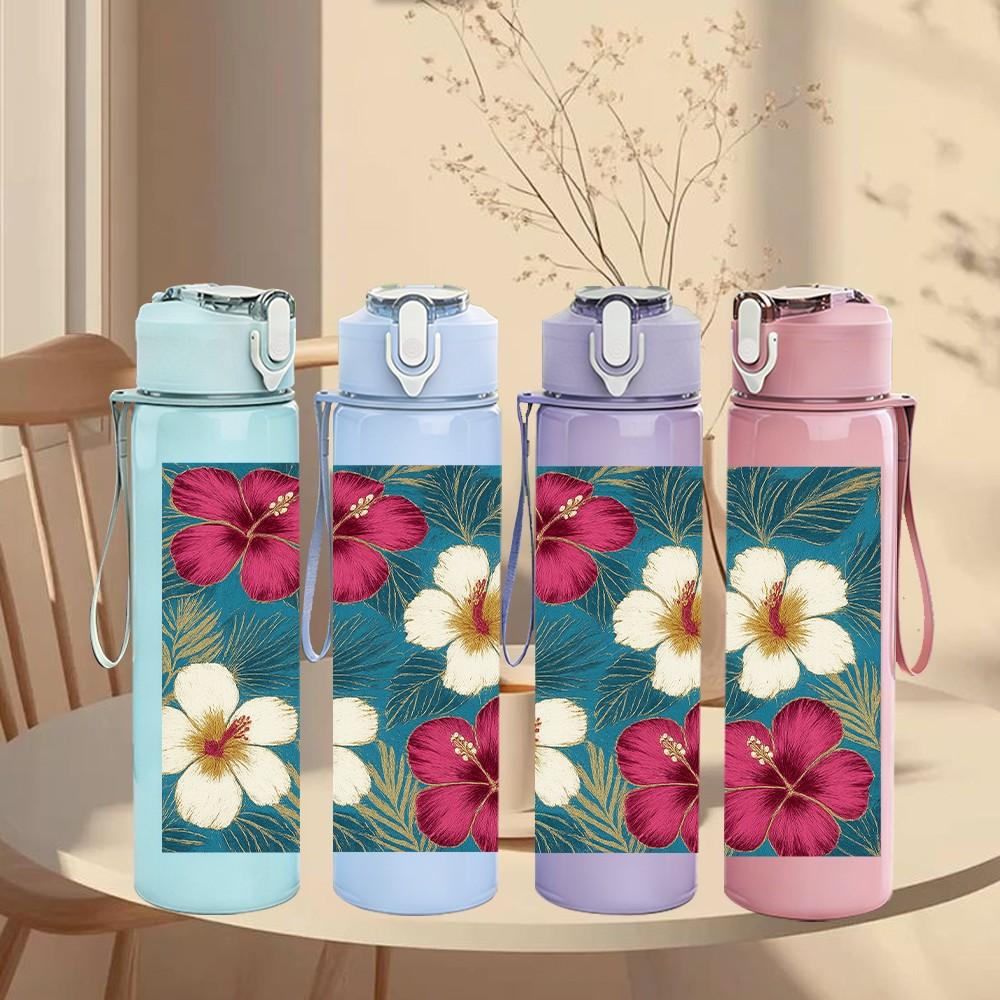 1PC Mixed Red White Wildflowers 750ml Color Plastic Sports Water Bottle Leakproof Flip Straw Lid Suitable for Sports Office Home Use