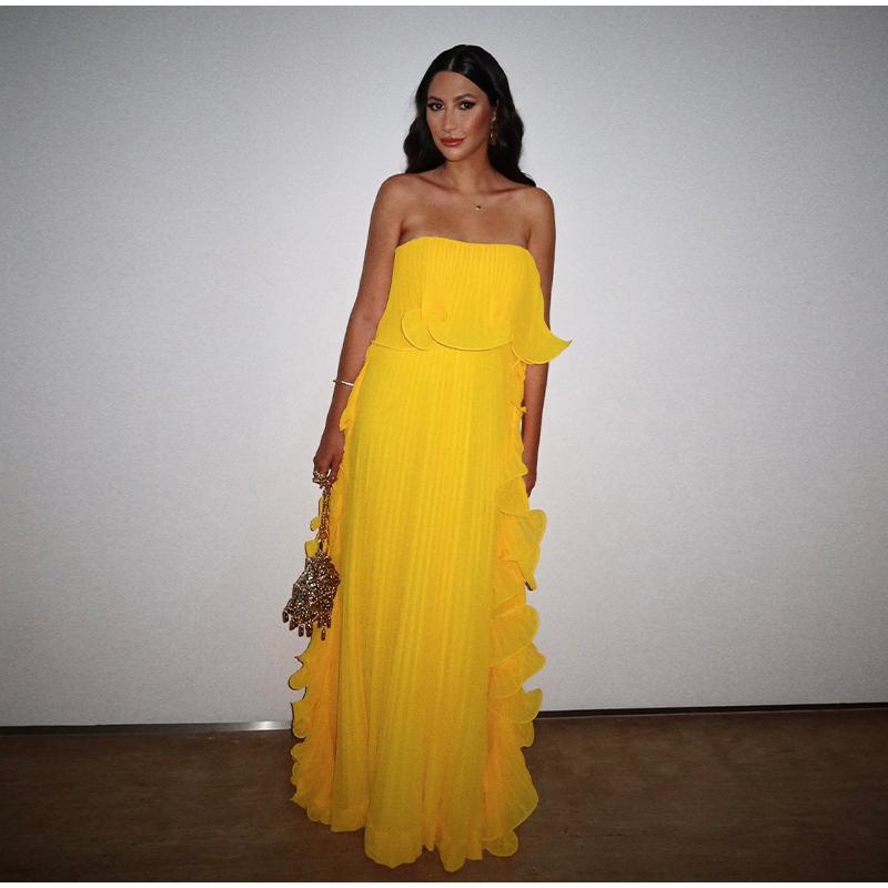 Seksowna Sukienka Długa Żółta Bez Ramiączek z Falbankami Kobiety Bez Rękawów Bez Pleców Długość do Podłogi Sukienki na Imprezę Sukienka Plażowa