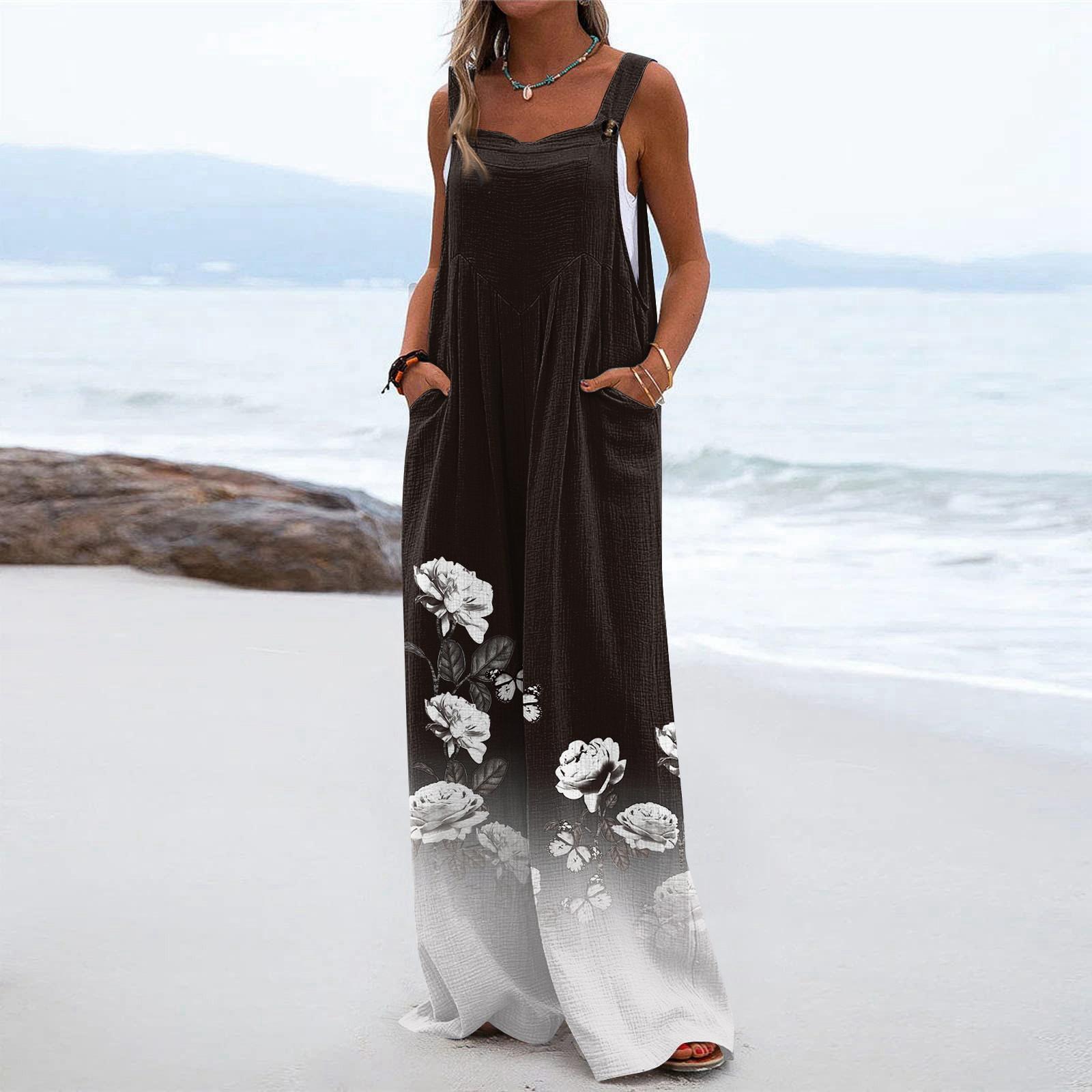 

Жіночий модний повсякденний вільний комбінезон без рукавів із принтом і кишенями L чорний