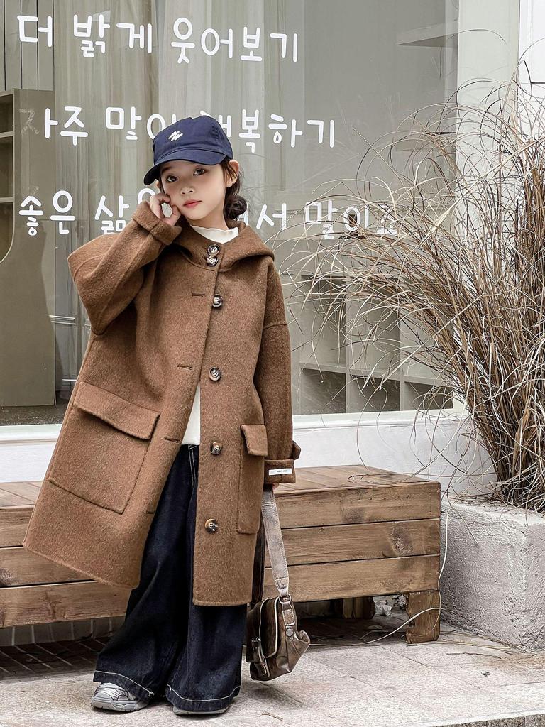 Korean Style Girls' Double-Sided Cashmere Coat - Medium & Large Children's Mid-Length Outerwear for Autumn & Winter