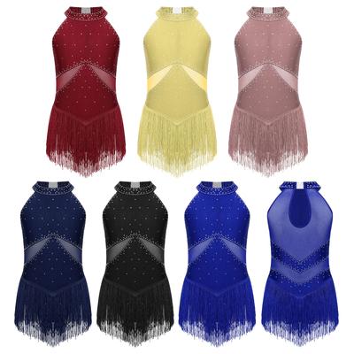 Kinder Mädchen Latein Tanz Trikot Kleid Eiskunstlauf Tango Cha-Cha Leistung Kostüm Ärmellos Strass Mesh Quaste Bodysuit