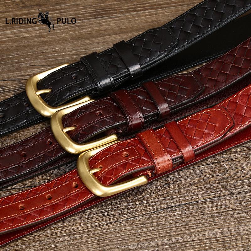 Trendy, Retro, Stylish, Versatile, Top-grain Pure Cowhide Woven Belt for Men, Genuine Leather, Copper Buckle, Woven Denim Belt