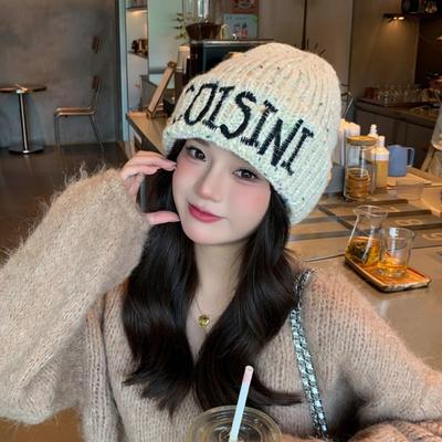 Women Autumn Winter Warm Thicken Ear Protector Fisherman Hat Embroidered Letter Knitted Hats Sweet Cute Cap