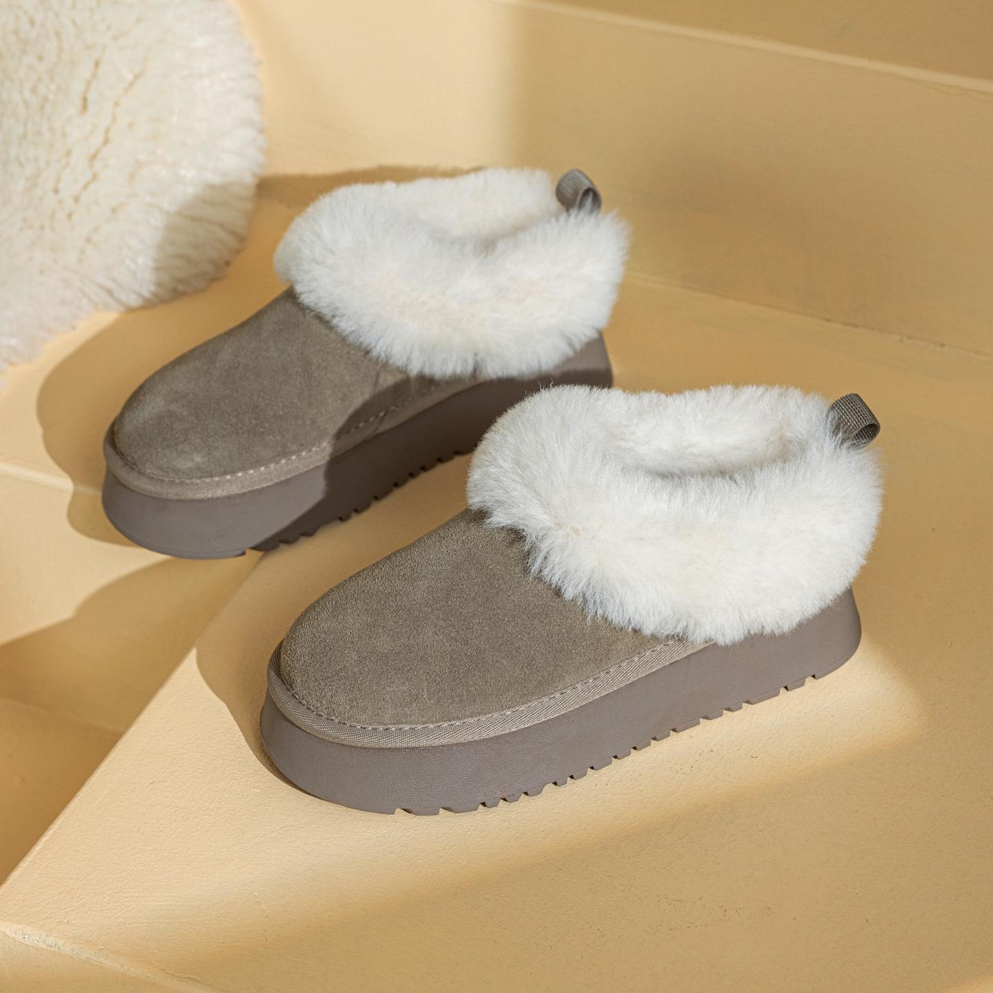 

Leather thick-soled wool snow boots women s winter new thickened and velvet warm short boots outdoor cotton shoes 40