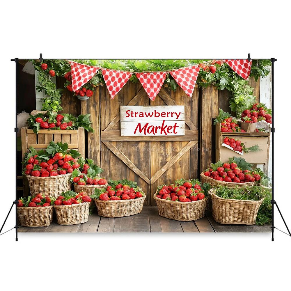 Rural Barn Door Strawberry Themed Birthday Party Background, Children's Birthday Party Decoration Photography Studio Background