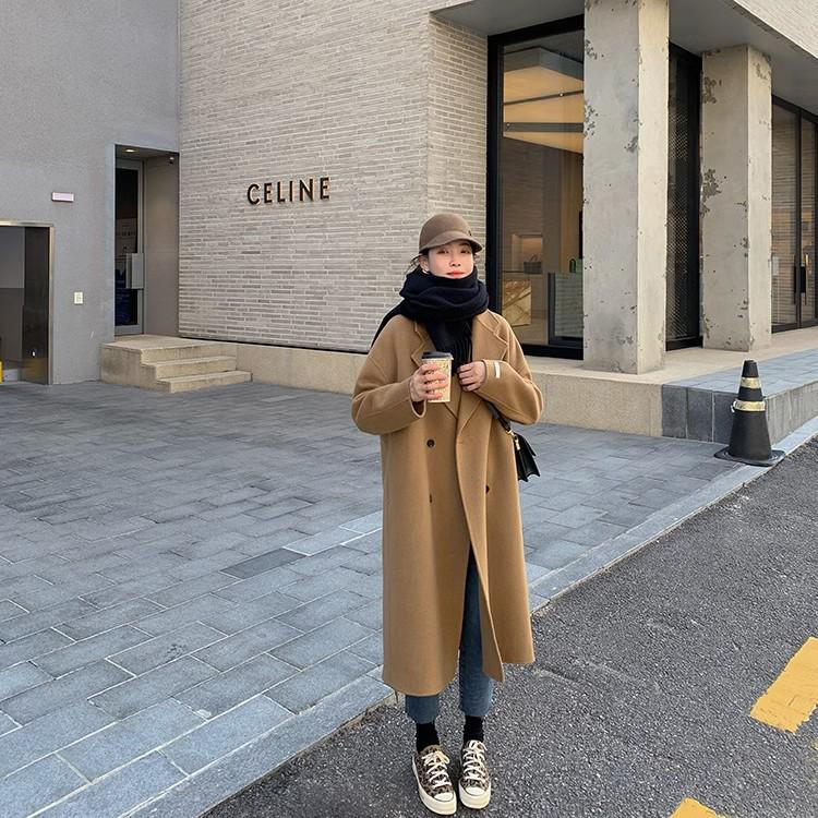 Women's Mid-Length Double-Breasted Wool Camel Coat - Autumn/Winter Korean Style Trend