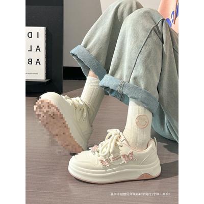 Cherry Blossom Pink Butterfly Little White Shoes Women's 2 Autumn New Models with Skirts, Board Shoes, Versatile Big Head Shoes Women