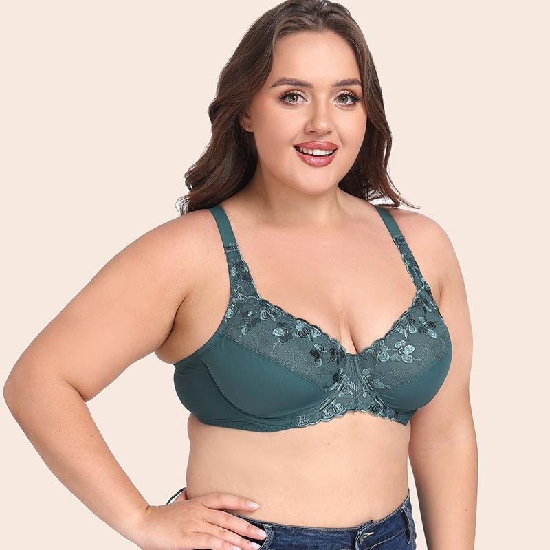 European and American Fresh Dark Green Exquisite Embroidery Underwear Ultra-thin Large Size Full Cup Bra