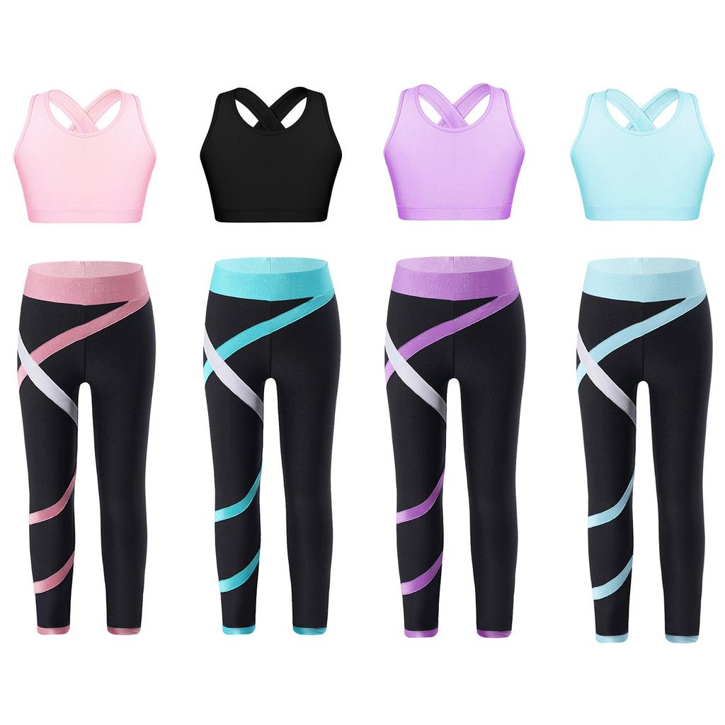 Dívčí Crop Top s U výstřihem, kříženými ramínky a klíčovou dírkou na zádech, bez rukávů, Color Block Legíny, Jógový Sportovní Set