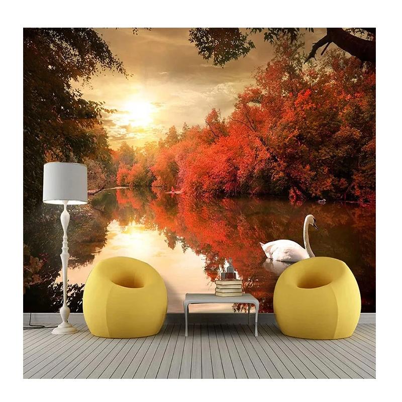 

Modern Autumn Dusk Swan Lake Wallpaper 3D Natural Scenery Mural Bedroom Living Room Background Wall Mural 200 cm(W) x 140 cm(H)