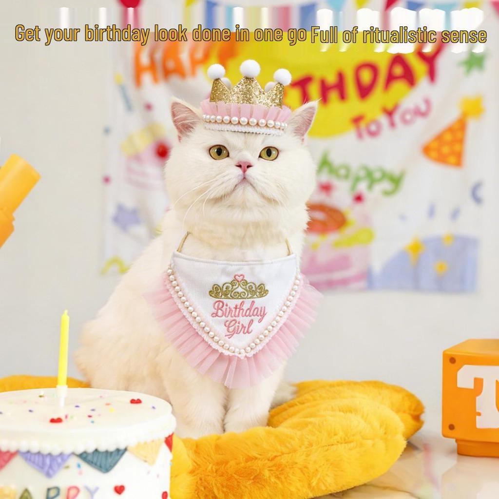 Pet Birthday Bandana & Crown Set with Embroidery and Lace