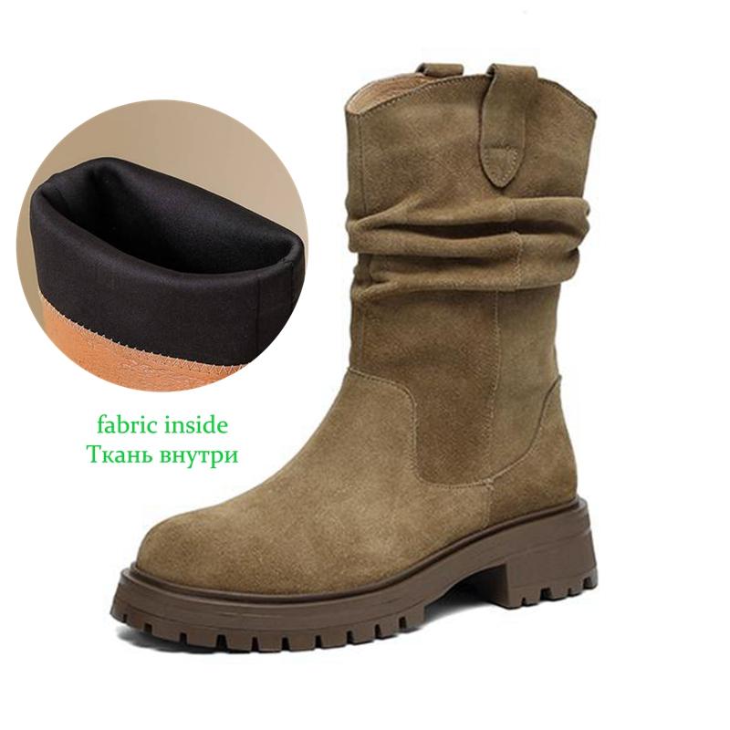 Krazing Pot Cow Suede Nubuck Winter Round Toe Western Boots Med Heels Pleated Decoration Women British School Mid-calf Boots