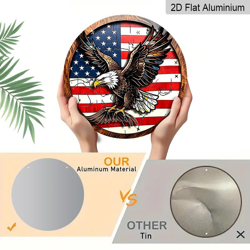 2D Flat Retro Round Aluminum Wall Hanging, Independence Day Flying Eagle Design, Indoor Outdoor Wall Decor, Home Commemorative Gift