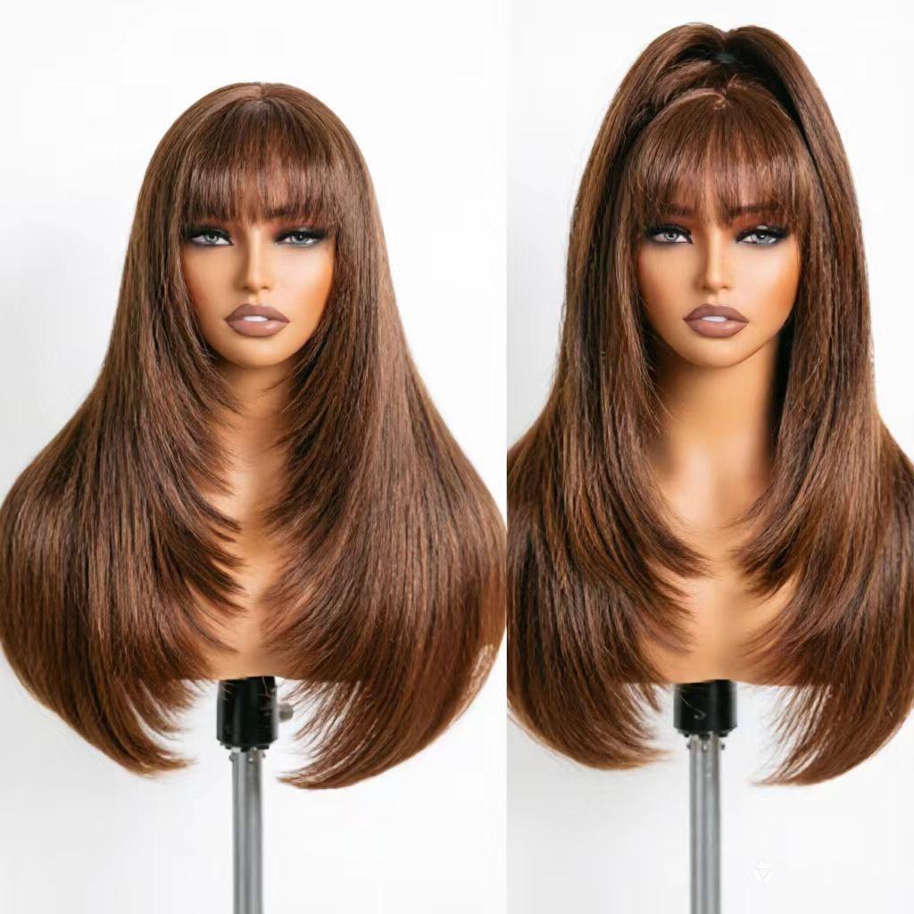 Brown Gradient Bangs Natural Curly Long Straight Hair Wigs Brazilian and Vietnamese Styles for Black Women Factory (Brown,26 Inches) коричневый