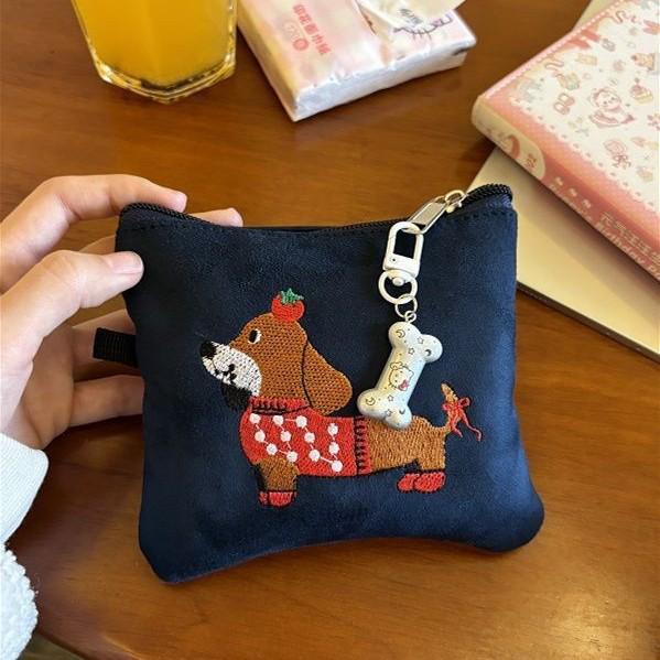Cute Suede Dachshund Card Holder & Storage Bag for Earphones, Lipstick & More.