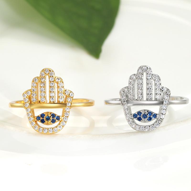 Hamsa Fatima's Hand Open Rings Turkish Blue Cubic Zircon Evil Eye Ring Protection Amulet Islamic Jewish Jewelry