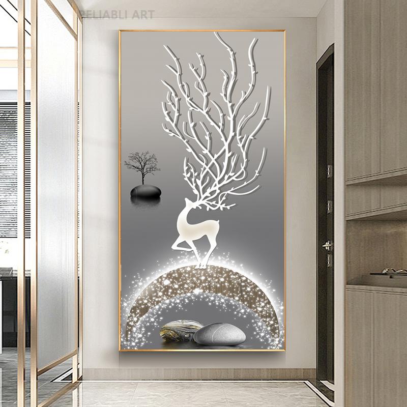New Chinese Fengshui Golden Deer Canvas Painting Abstract Zen Stone Posters and Prints Modern Luxury Wall Art for Porch Decor