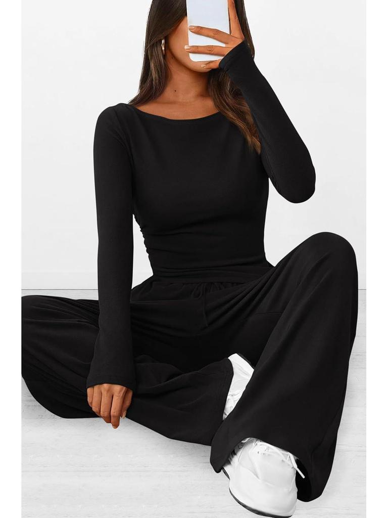 Asymmetrisches Langarm-T-Shirt & Weitbein-Hosen-Set - Herbstkollektion 2025